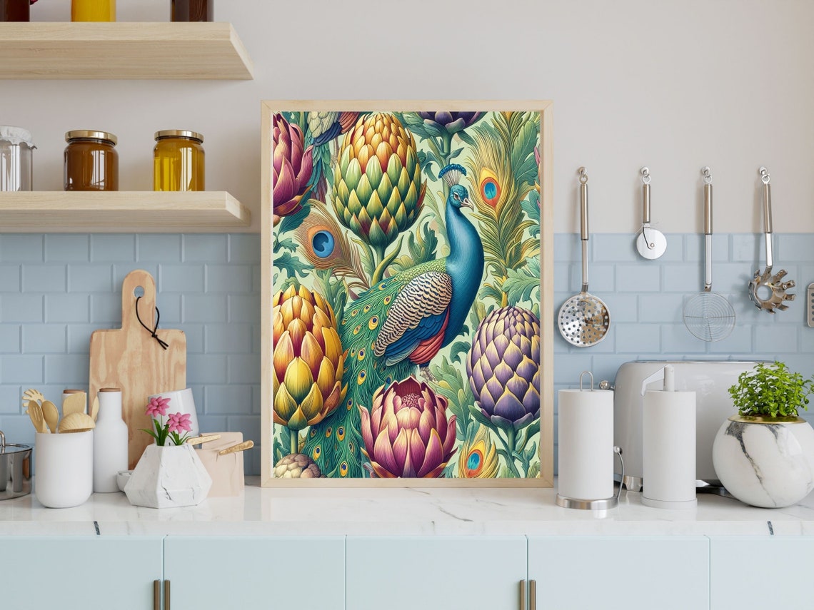 Art Nouveau Peacock Among Artichokes and Protea Blooms Poster - Image 6