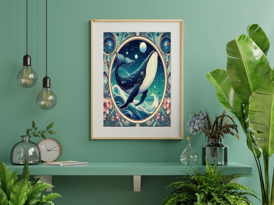 Art Nouveau Humpback Whale Moonlit Ocean Night Blue Sea Wall Art - Image 2