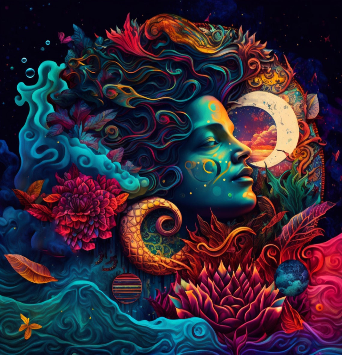 Gaia Earth Goddess Portrait with Moon and Ocean Waves Cosmic Poster - Image 3