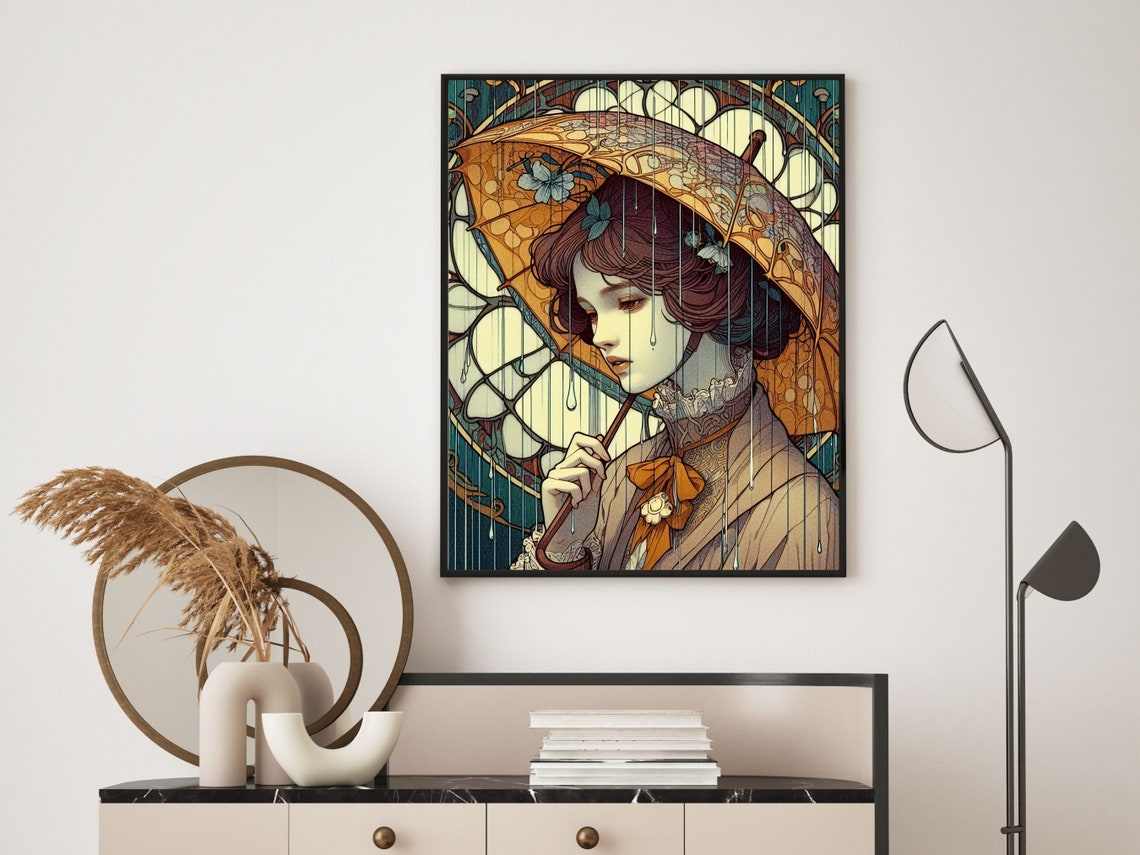 Art Nouveau Elegant Woman Under Umbrella In The Rain Wall Art - Image 6