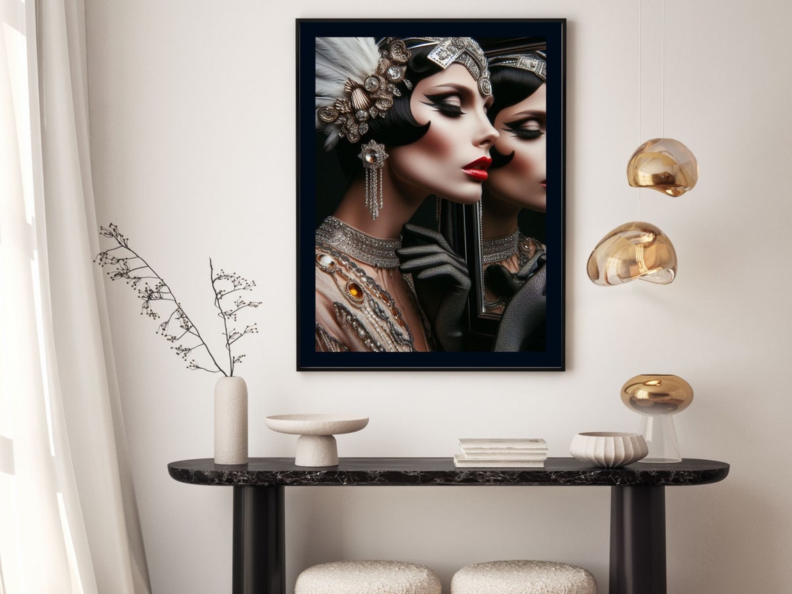 Silver Gown Woman Gazing At Her Mirror Reflection Art Deco Print - Image 6