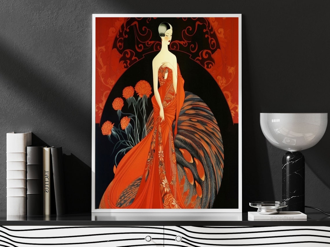 Art Deco Woman in Red Gown With a Sweeping Feathered Train Poster - Image 2