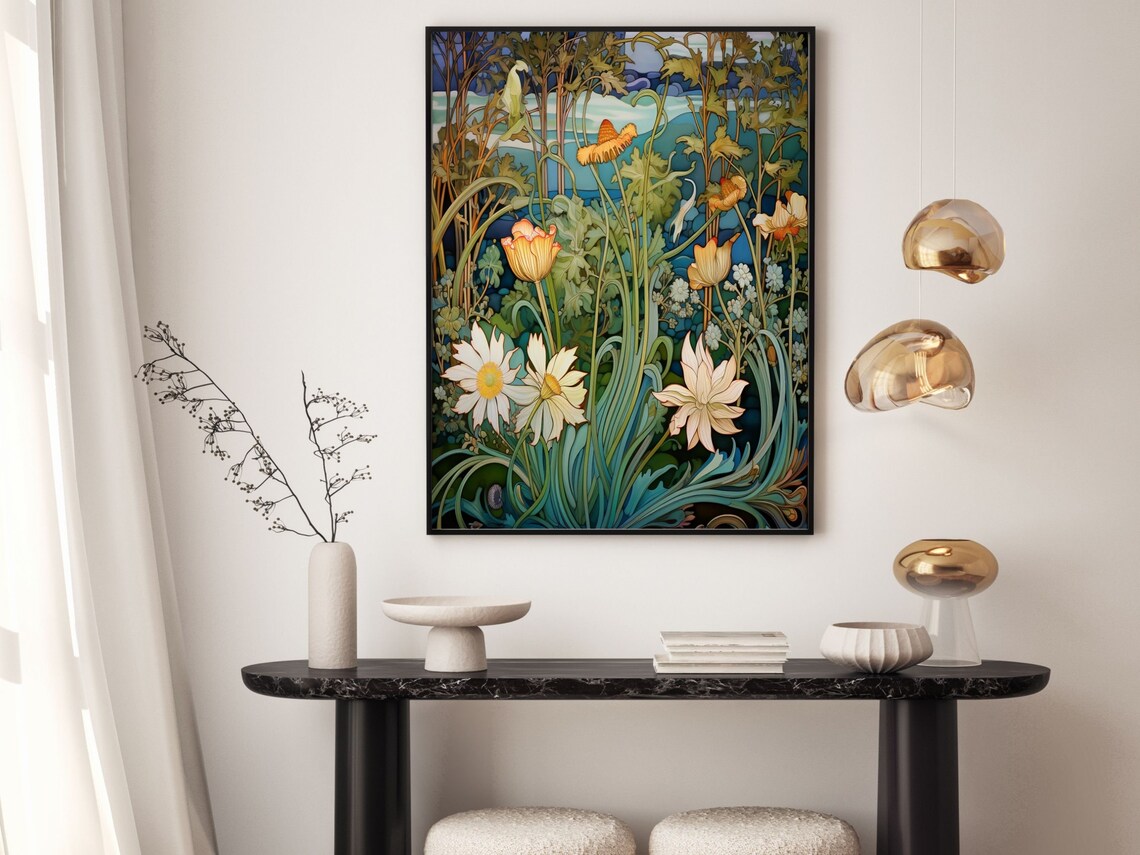 Art Nouveau Daisies And Tulips In Teal Green Floral Scene Poster - Image 4
