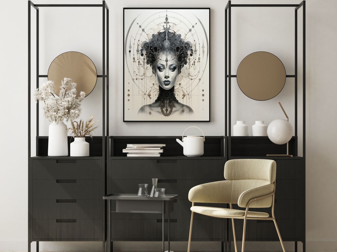 Art Deco Monochrome Woman With Ornate Celestial Headpiece Poster - Image 3