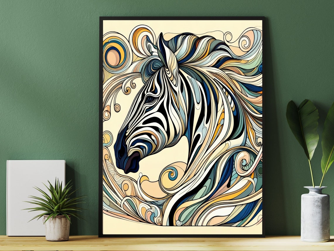 Art Nouveau Colorful Zebra Head Portrait With Swirling Mane Poster