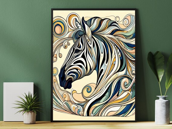 Art Nouveau Colorful Zebra Head Portrait With Swirling Mane Poster