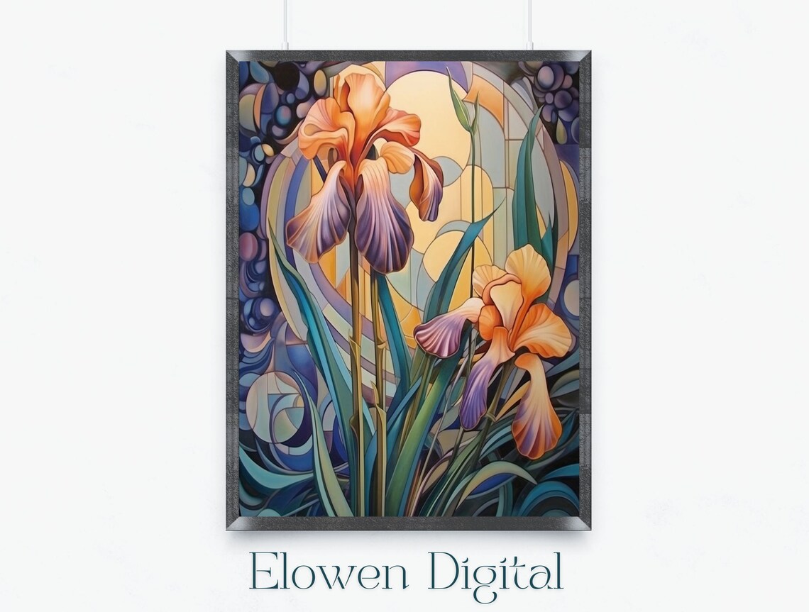 Art Nouveau Orange and Purple Iris Flower Stained Glass Art Poster