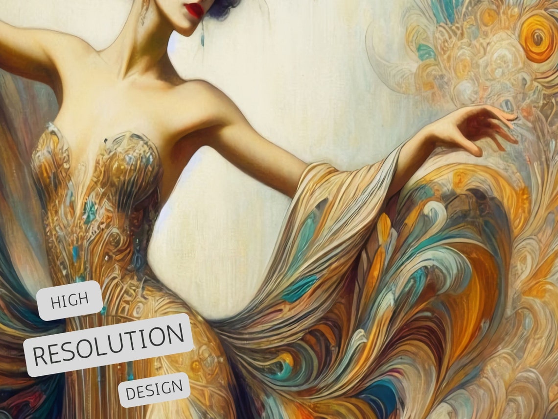 Art Nouveau Dancer in a Swirling Peacock Feather Gown Poster - Image 2