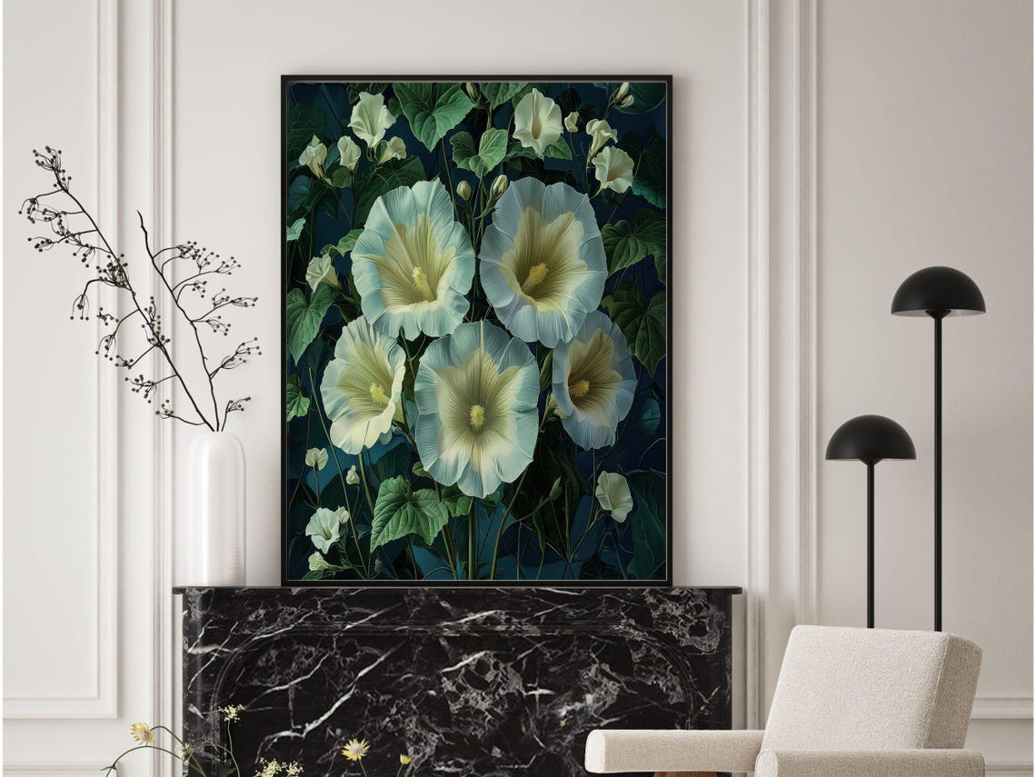 Large White Morning Glory Blooms On Dark Blue Night Garden Wall Art - Image 3