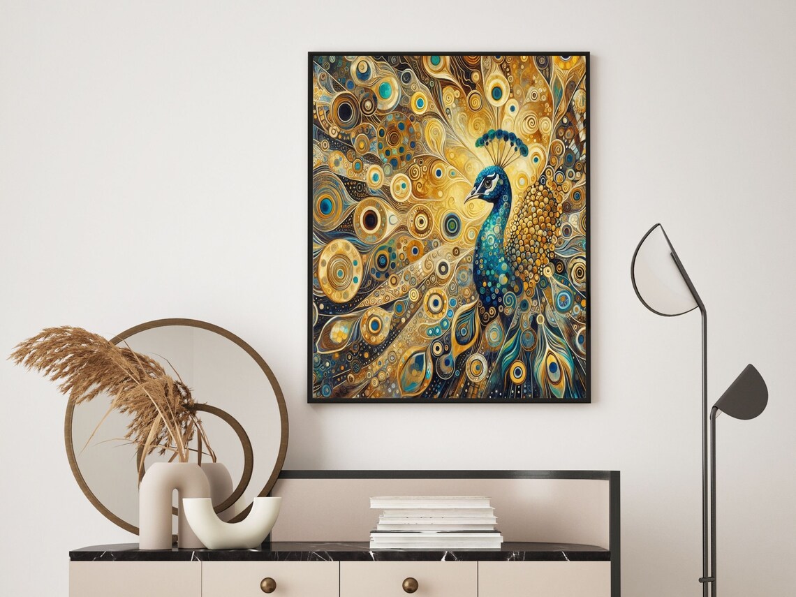 Golden Art Nouveau Peacock with Sapphire Blue Plumage Wall Poster - Image 4