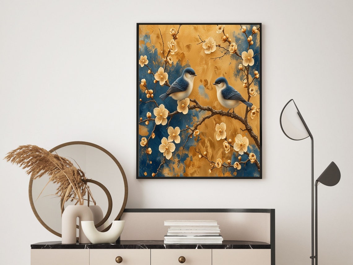Refined Chinoiserie Blue Birds Blossom Branch Gold Blue Wall Art - Image 6