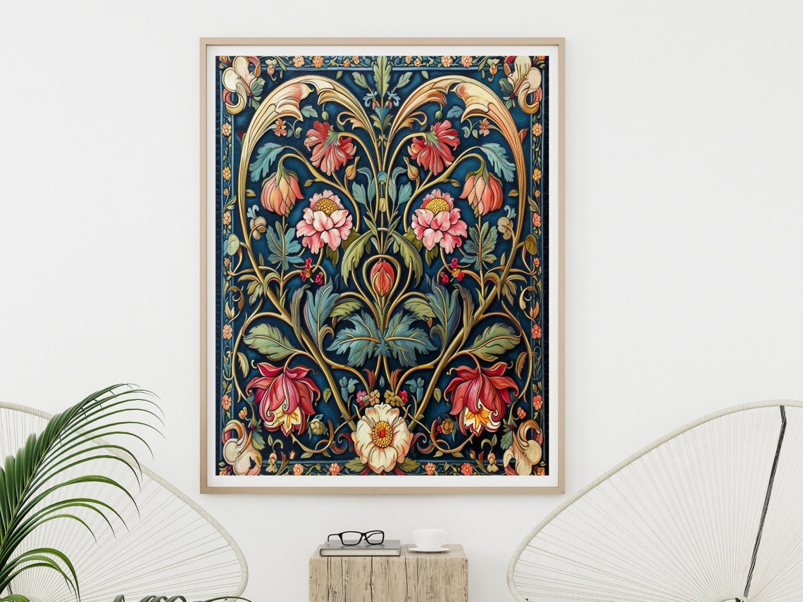 Heart Shaped Floral Tapestry In William Morris Style On Navy Wall Art - Image 2