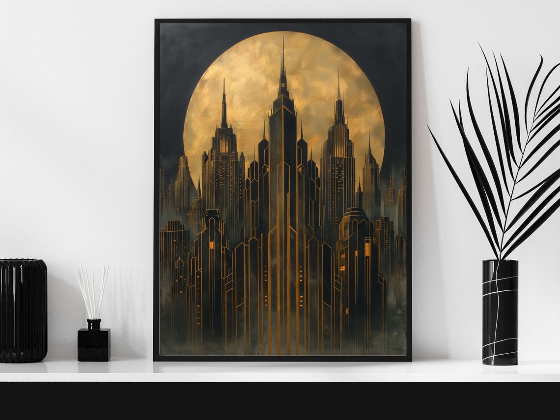 Dramatic Art Deco Skyscrapers At Night Under Golden Full Moon Poster