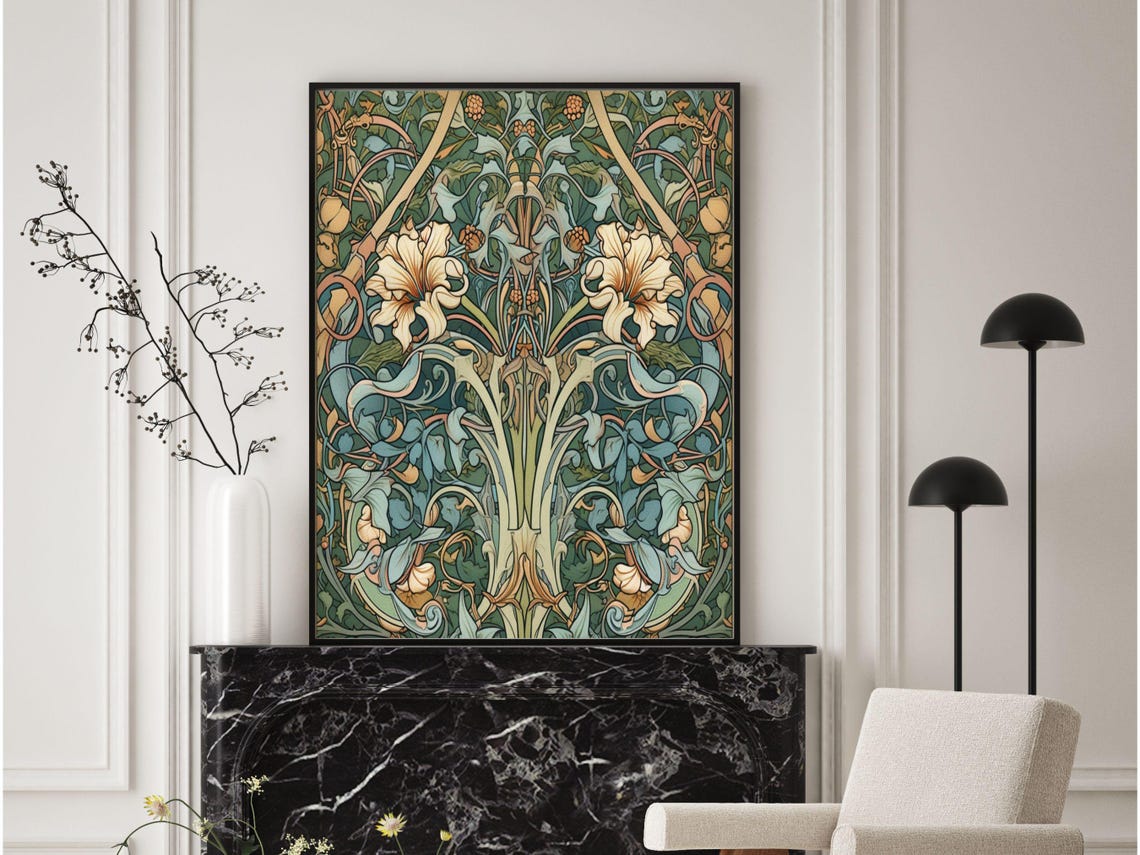 William Morris Style Lilies and Vines Botanical Pattern Wall Art - Image 2