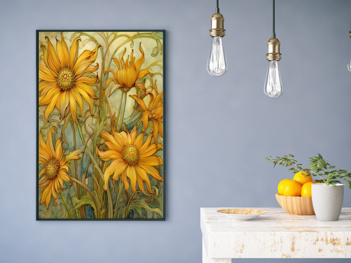 Art Nouveau Golden Yellow Daisy Flowers Vintage Floral Art Poster - Image 4