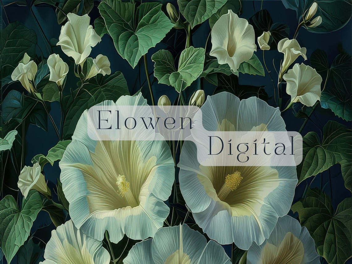 Large White Morning Glory Blooms On Dark Blue Night Garden Wall Art - Image 5