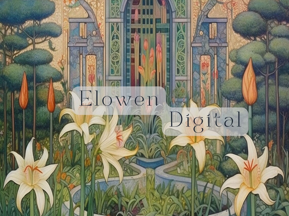 Tall White Lilies And Tulips In An Art Deco Garden Courtyard Wall Art - Image 4