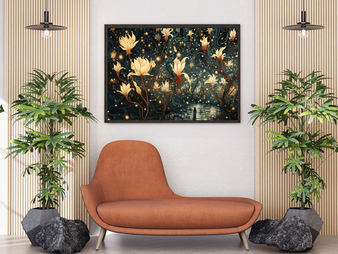 White Night Blooming Lilies Midnight Blue Starry Sky Wall Art - Image 5