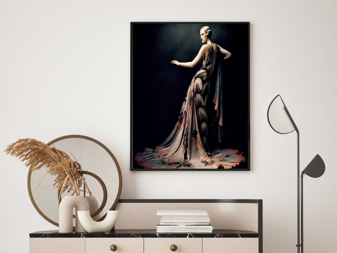 Art Deco Woman in Black and Blush Feathered Gown Night Poster - Image 6