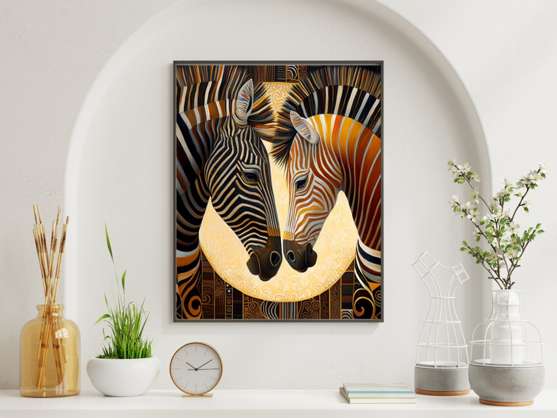Two Zebra Profiles In Bold Black White And Gold Art Deco Wall Art - Image 3