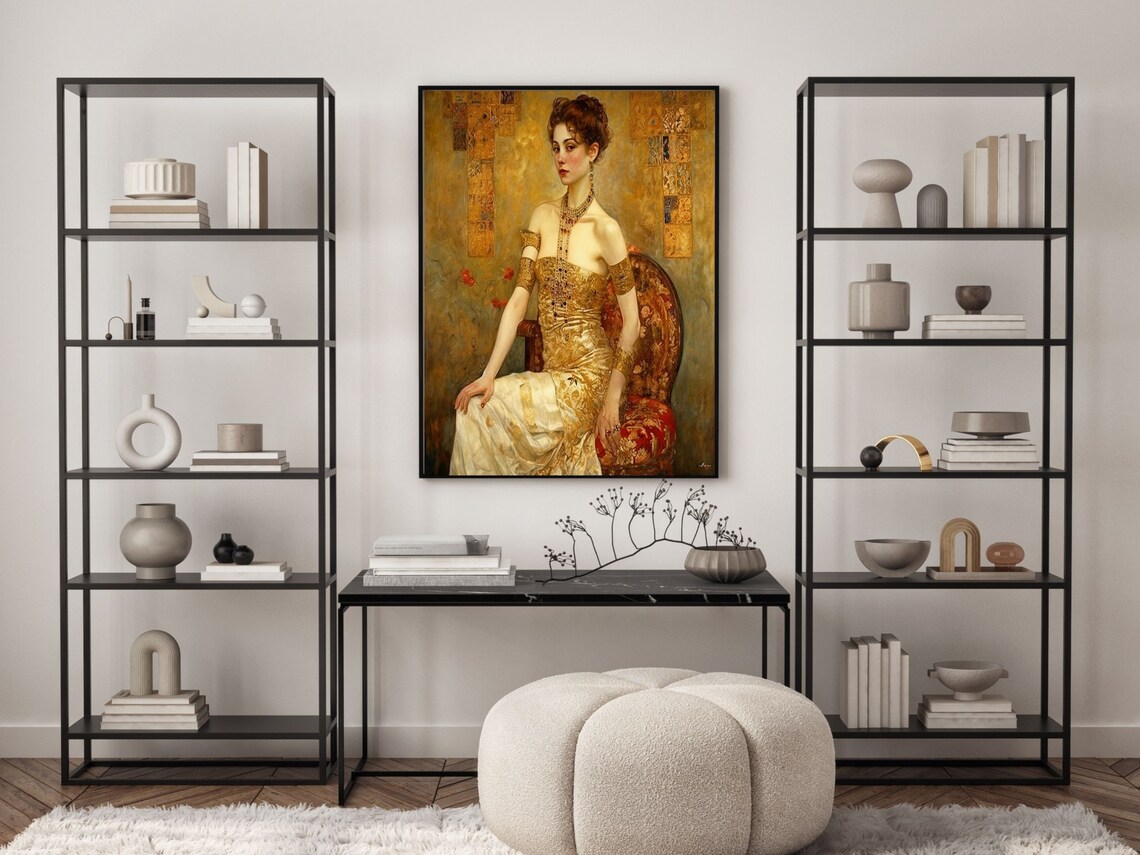 Art Nouveau Wall Art In Orange And Klimt Gold Art Nouveau Decor Woman With Swirls Wall Art For Art Nouveau Decor - Image 2