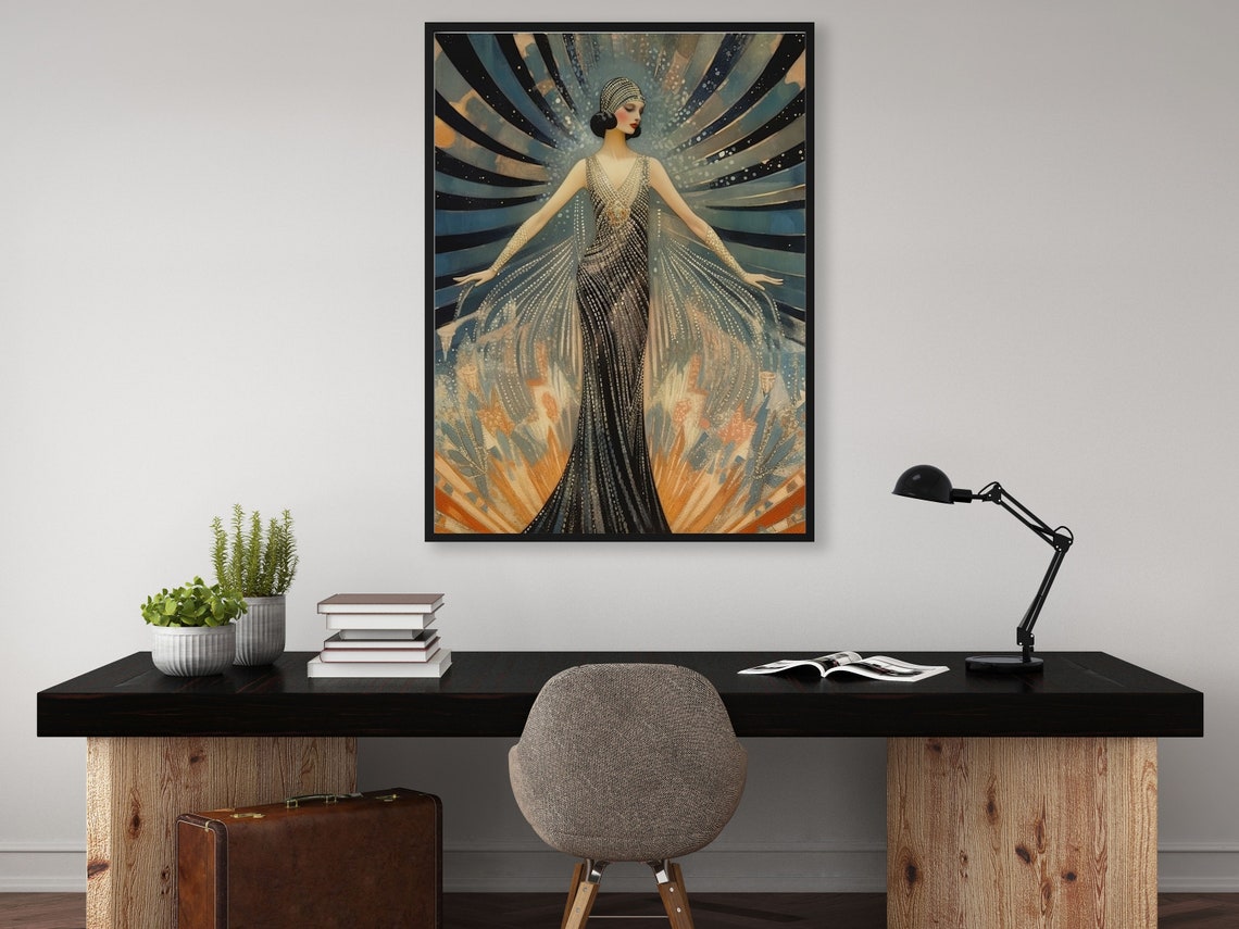 Vintage Erté Inspired Flapper in Beaded Gown with Starburst Poster - Image 5