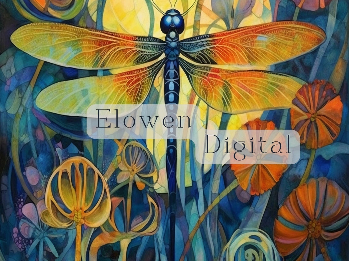 Art Nouveau Dragonfly Stained Glass Style Flower Garden Wall Art - Image 3