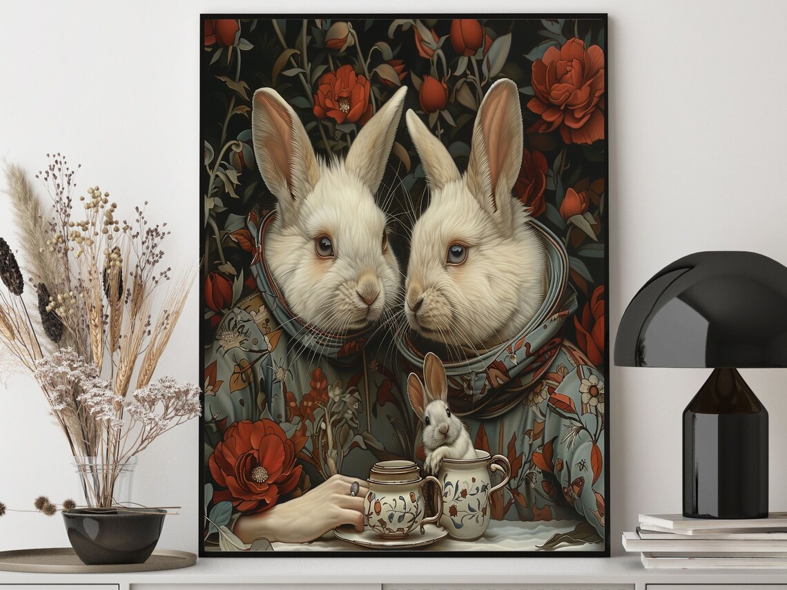 Two White Rabbits Sharing Tea Among Deep Red Roses Art Nouveau Wall Art - Image 4