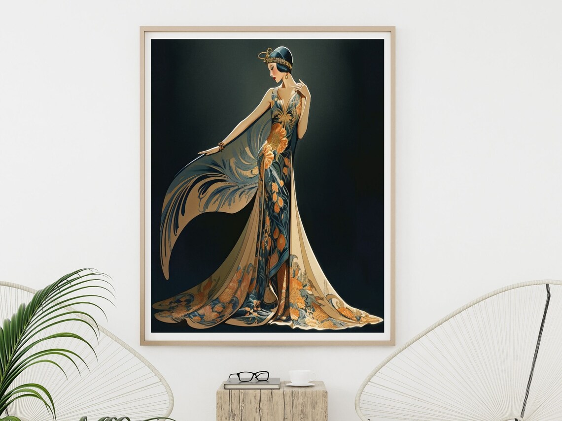 Art Deco Woman in Blue Floral Gown With Feathered Cape Poster - Image 3