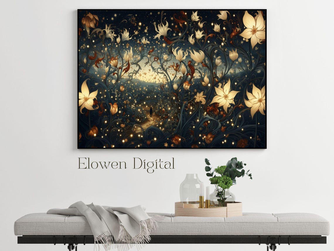 White Night Garden Flowers on Midnight Blue Art Nouveau Poster
