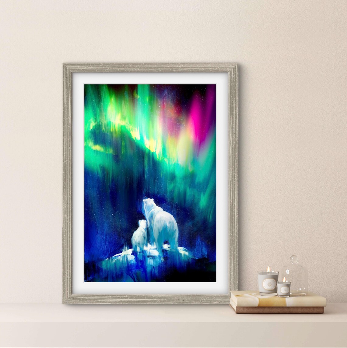 Aurora Polar Bear Portrait, North Pole Art Print