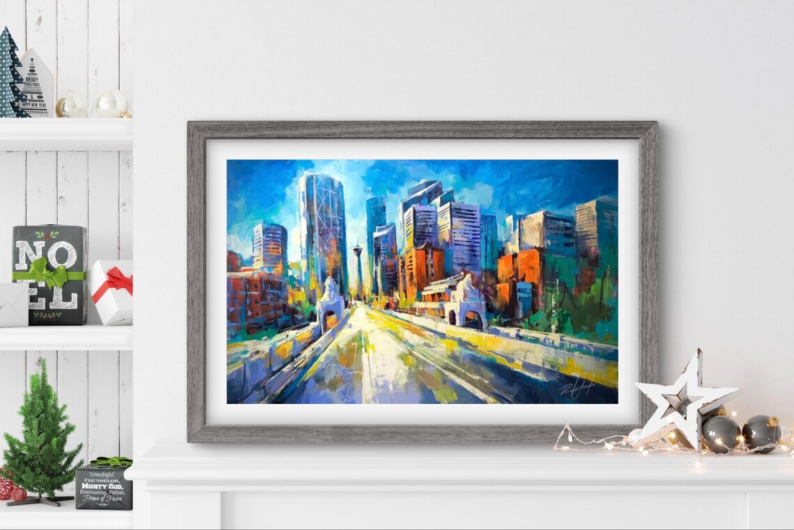 Colorful Downtown Skyline Street View Oil Painting Cityscape Poster