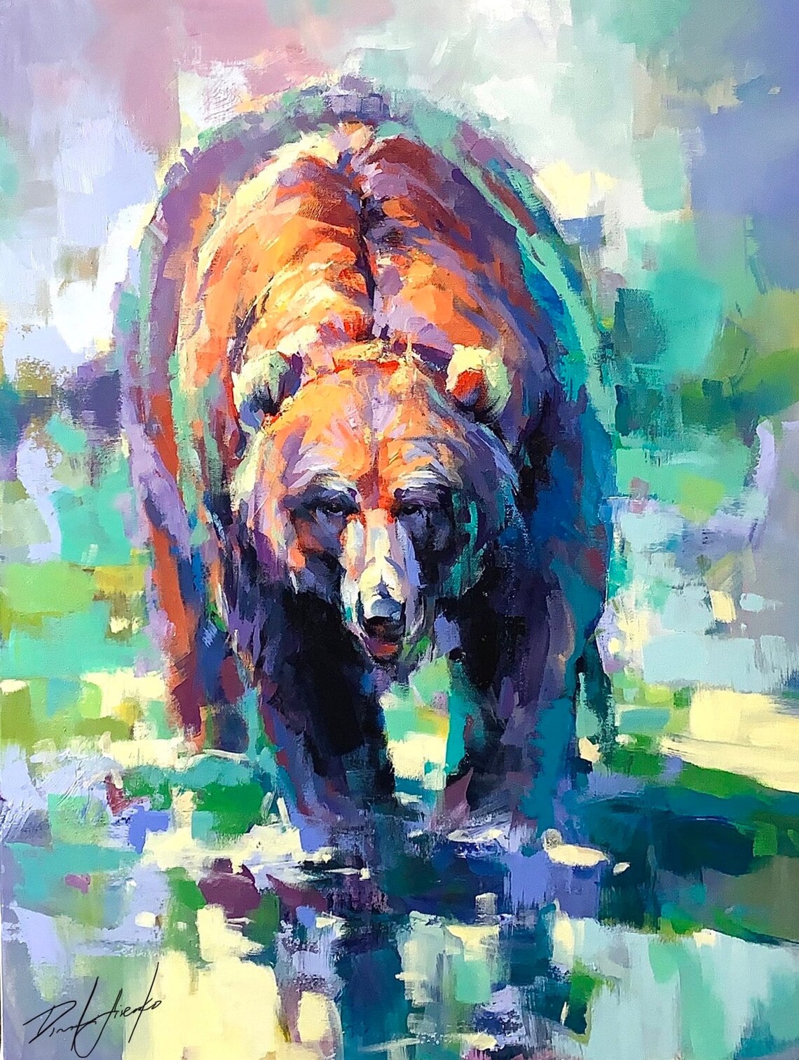 Charging Grizzly Bear Running Through Water Straight Toward The Viewer Poster