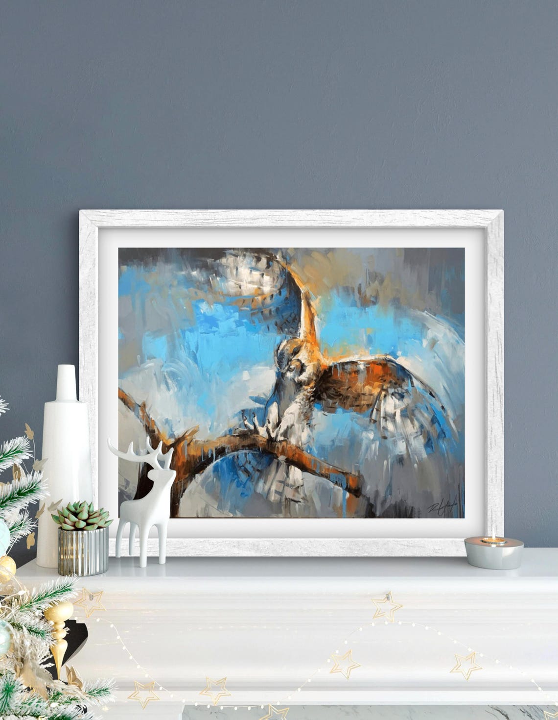 Art Print Early Bird Paper Great Horned Owl Poster Woodland Wild Animal Farmhouse Home Decor Living Room Bedroom Gifts