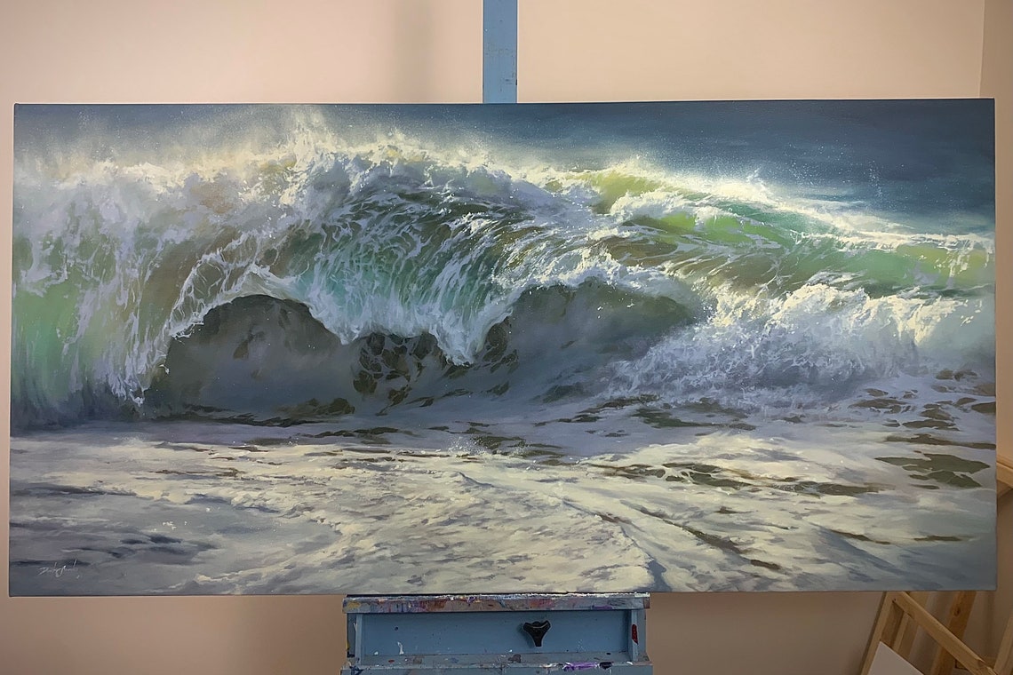 Barreling Emerald Ocean Wave Close Up Luminous Seascape Poster