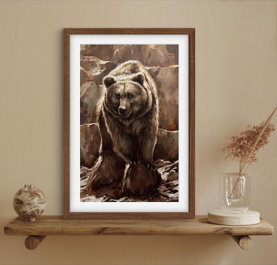 Grizzly Bear Walking on Rocky Cliffs Realistic Wildlife Art Poster
