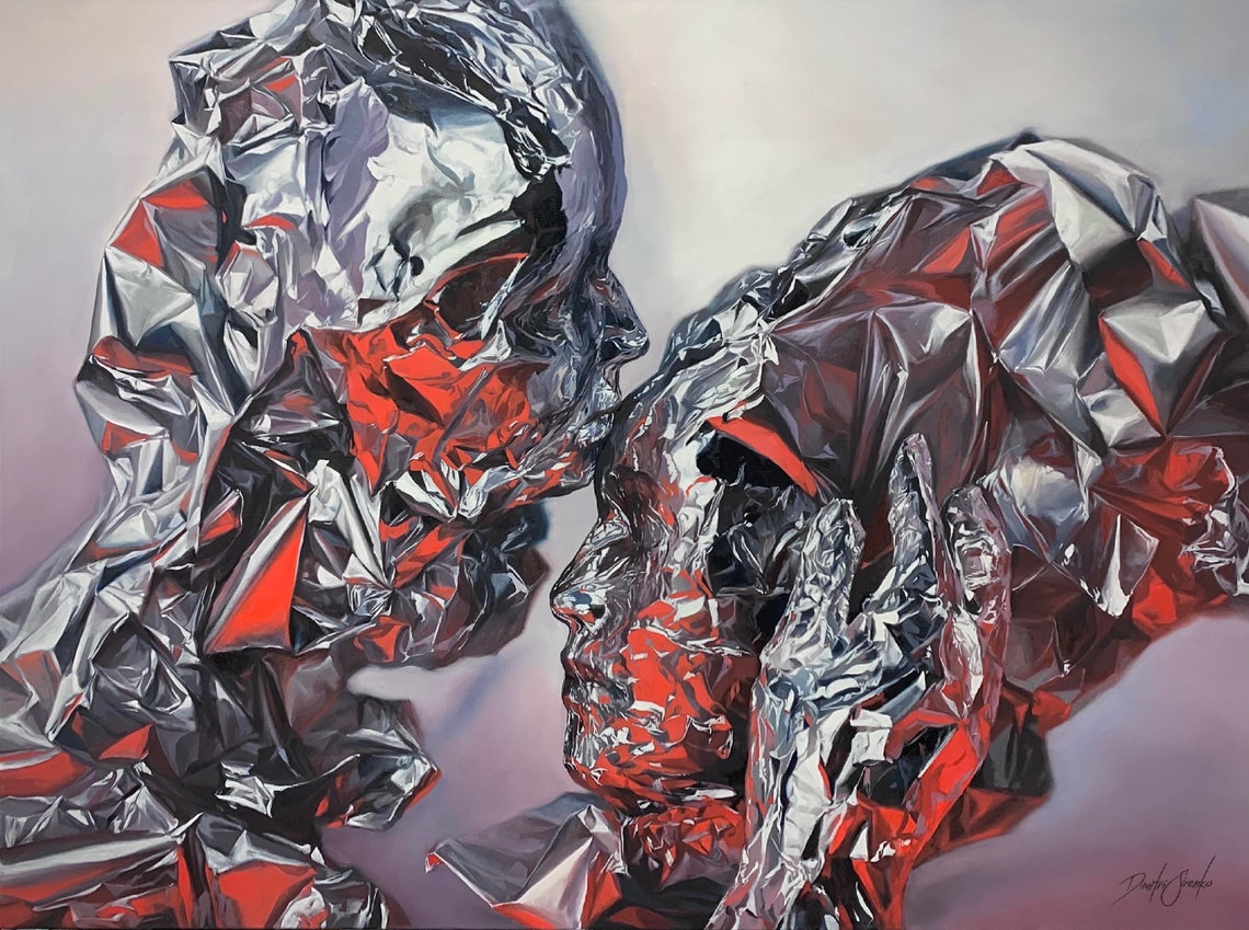 Silver Foil Wrapped Heads Leaning Together Hyperreal Art Poster