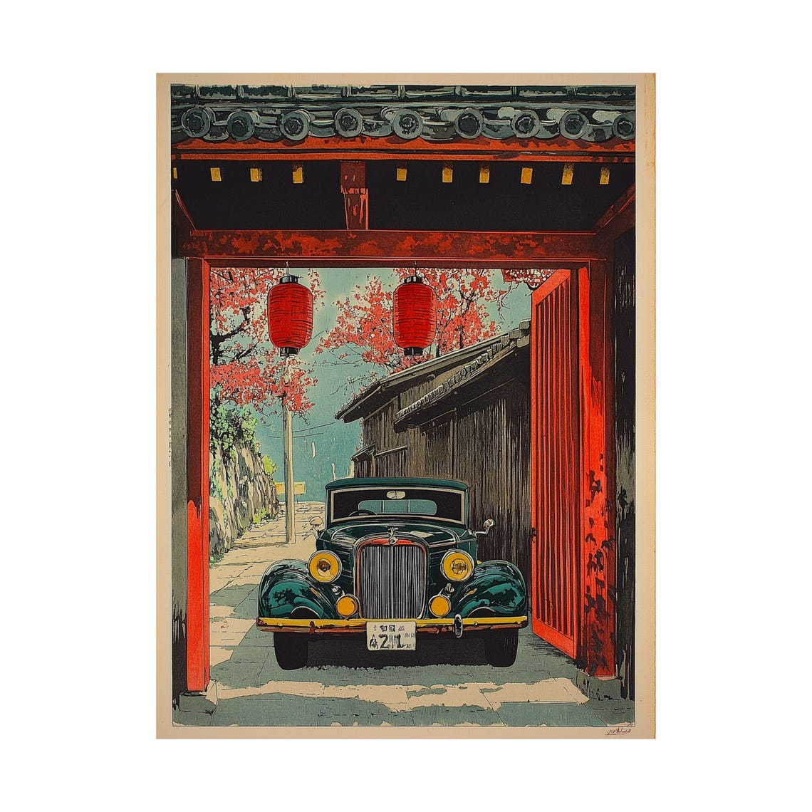 Vintage Classic Car Under Japanese Temple Gate Red Lanterns Poster - Image 2