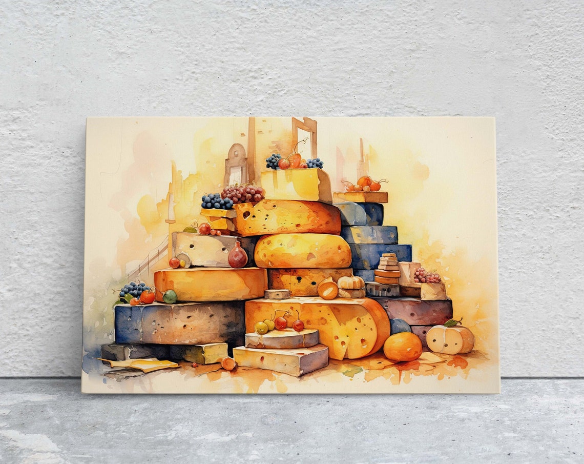 Cheese Wheels Tower Watercolor Grapes Deli Kitchen Wall Art Poster