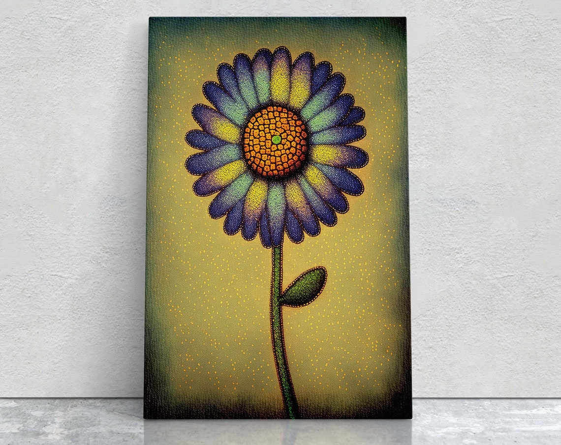 Pointillism Rainbow Daisy Flower Golden Background Floral Wall Art