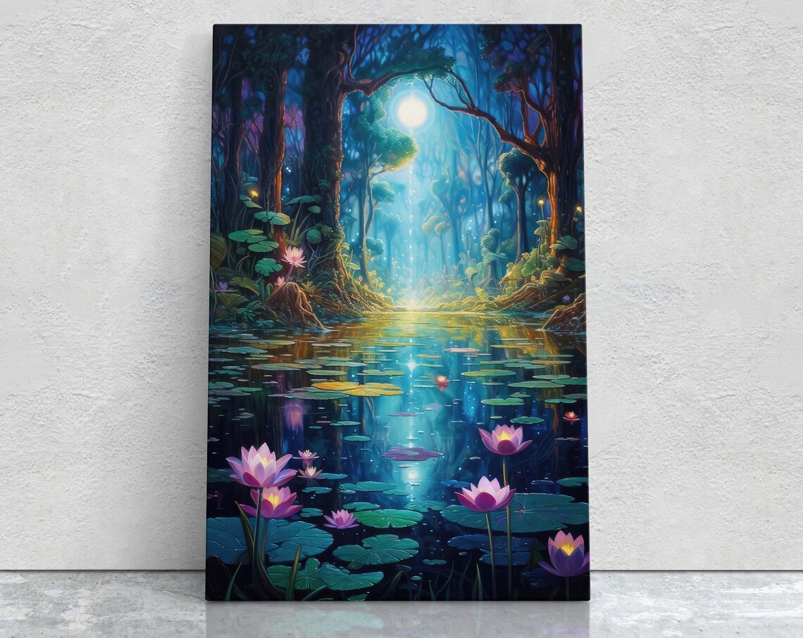 Enchanted Pond Lanterns, Fantasy Forest Art Print