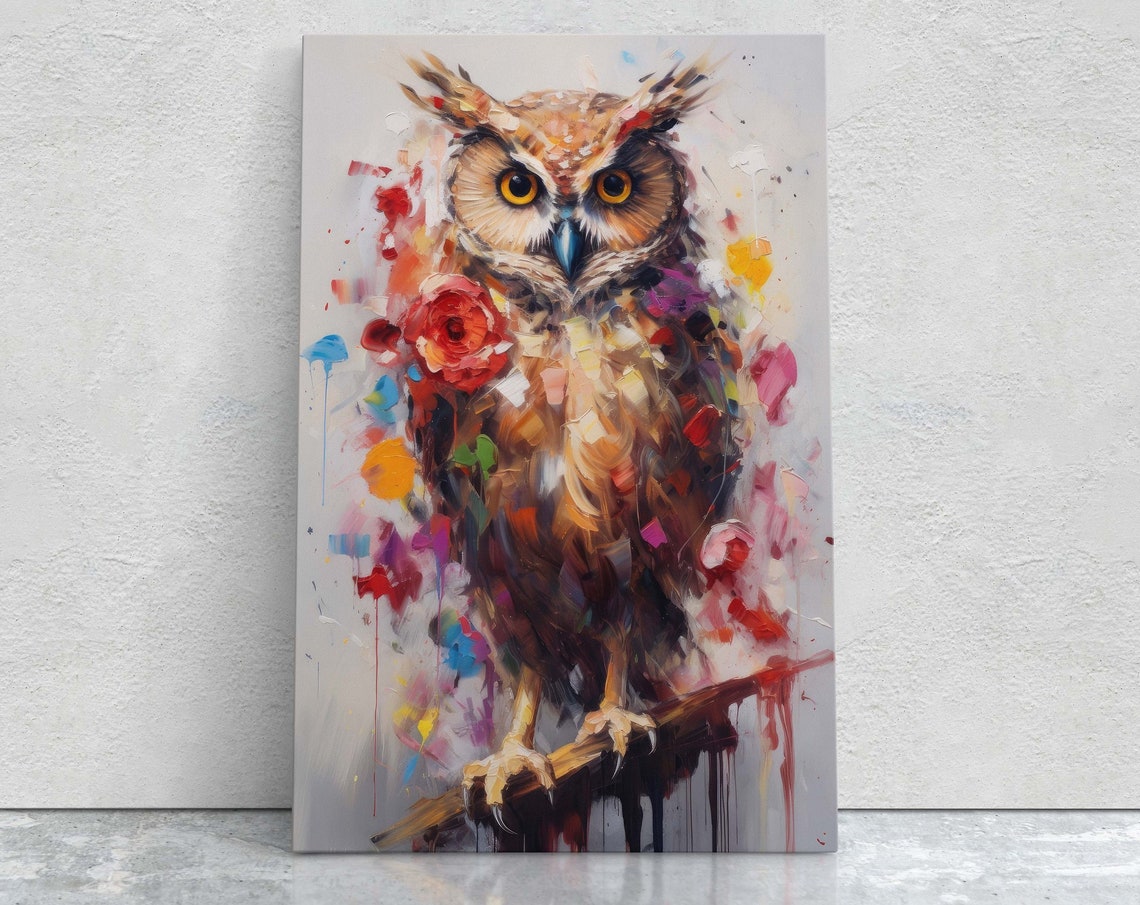 Expressive Brown Owl With Red Rose Abstract Wildlife Art Poster