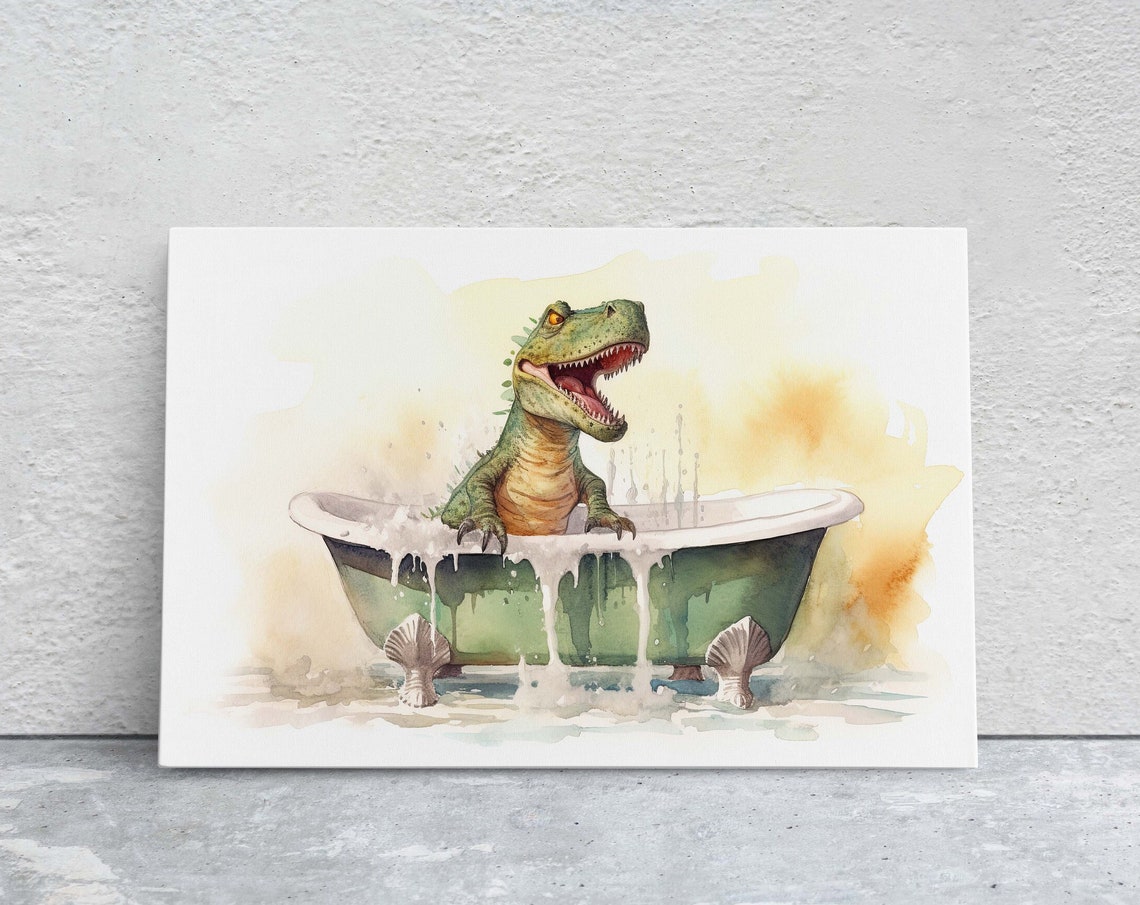 T Rex Dinosaur In Bathtub Watercolor Funny Kids Bathroom Wall Art