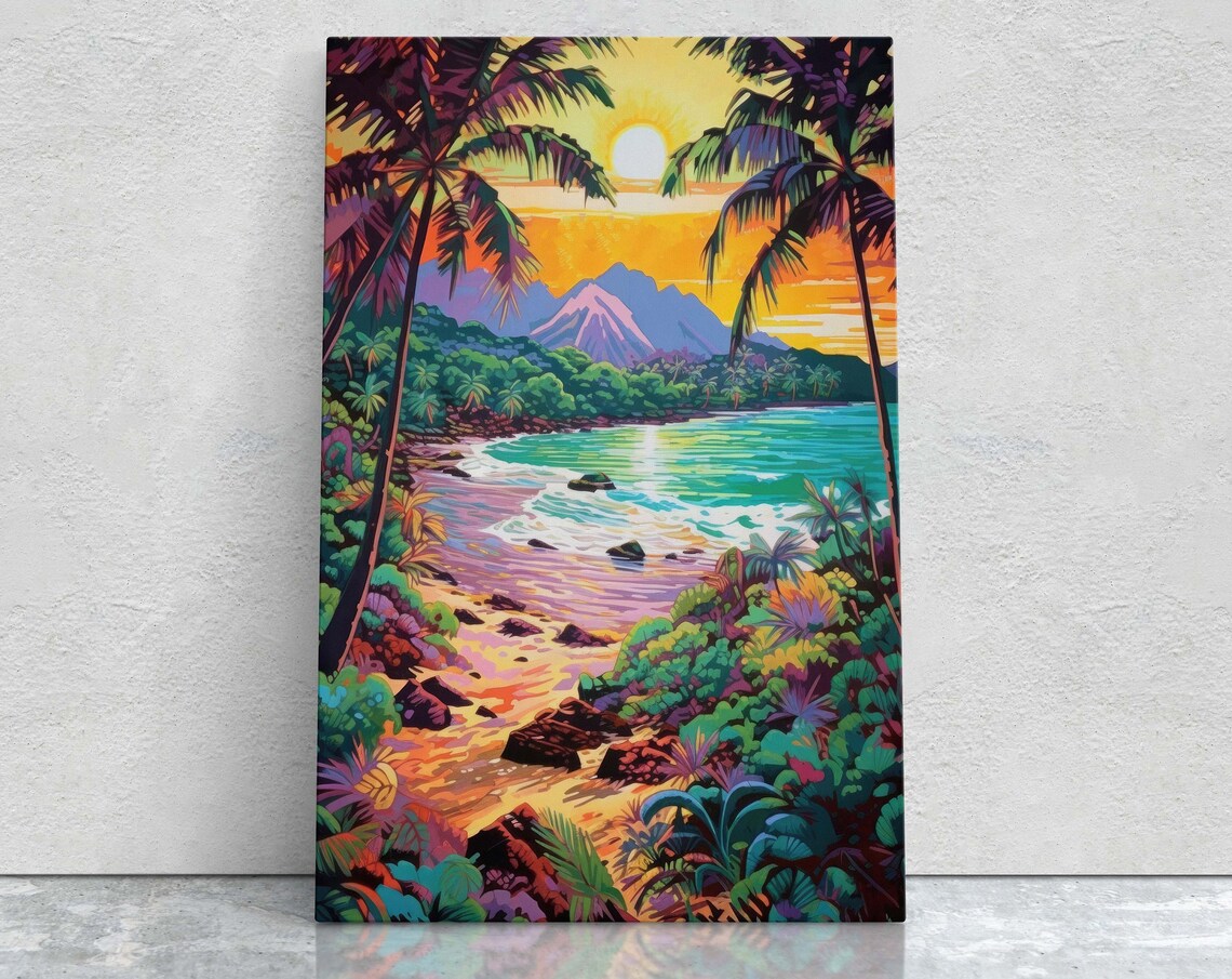 Tropical Palm Beach Turquoise Bay Sunset Vibrant Coast Art Poster