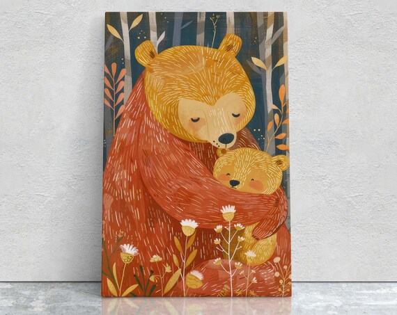 Mama Bear Hugging Cub Forest Illustration Warm Nursery Art Poster
