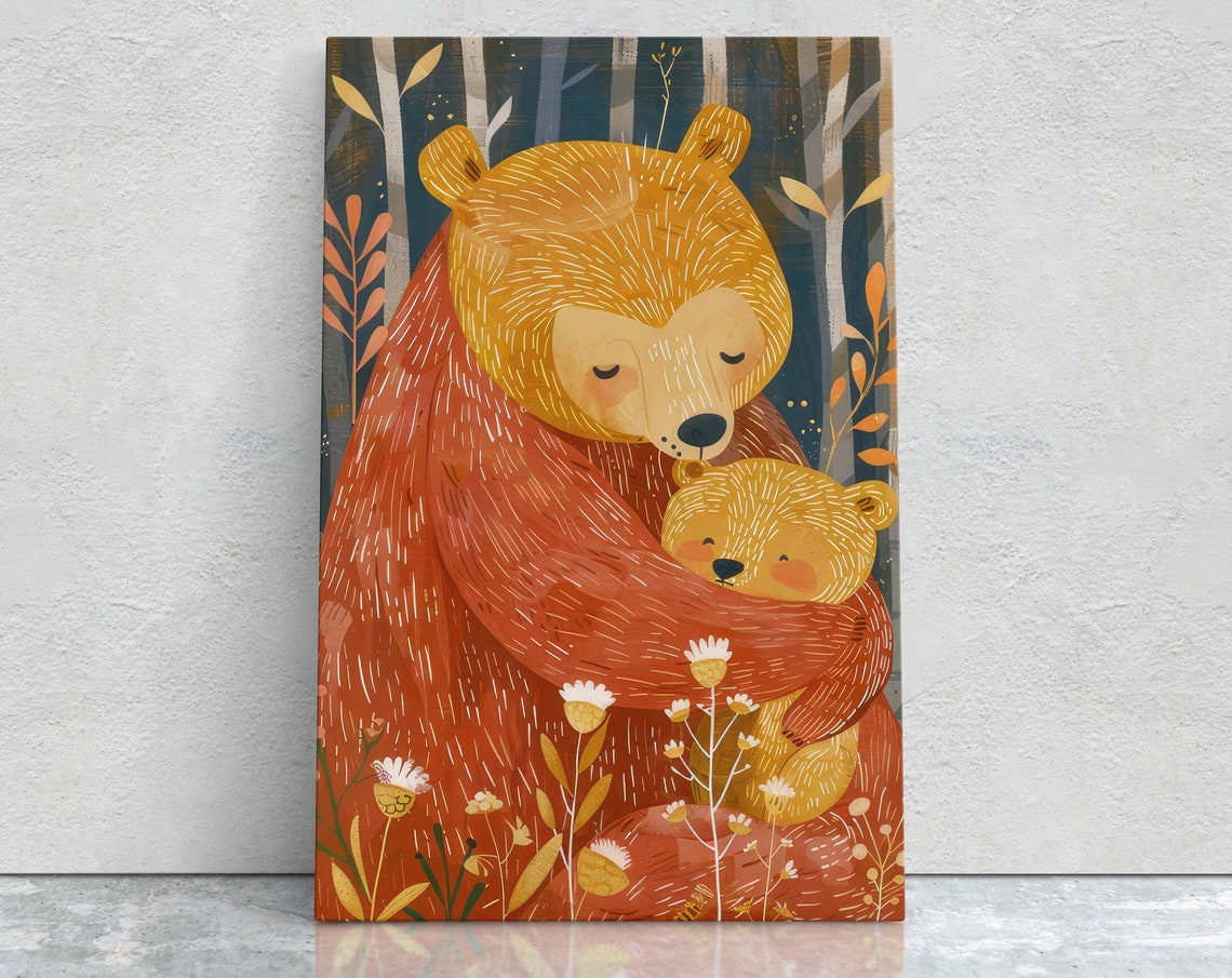 Mama Bear Hugging Cub Forest Illustration Warm Nursery Art Poster