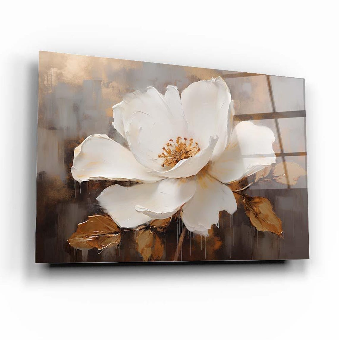 White Bloom Flower Dark Gold Leaves Modern Floral Art Poster - Image 3