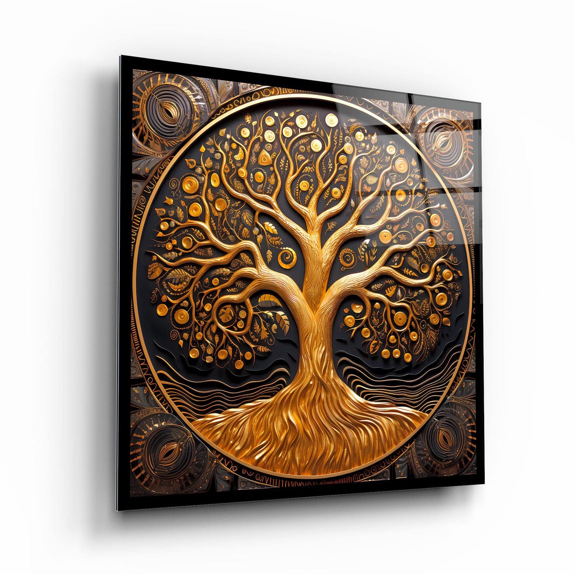 Golden Tree Of Life In Carved Circle On Black Luxury Glass Poster - Image 2
