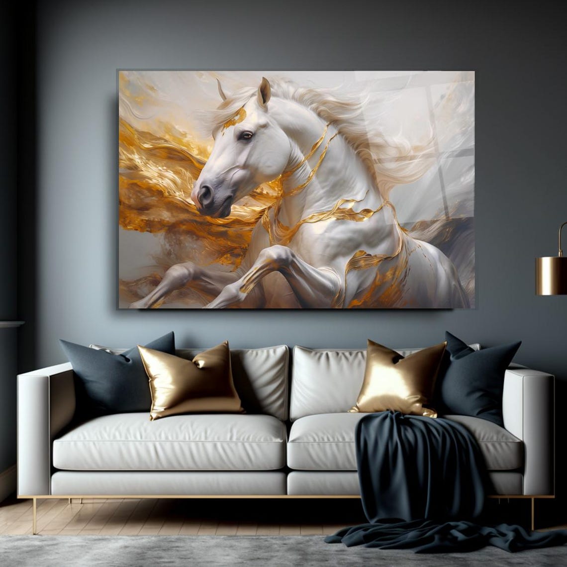 White Horse Gold Mane Rearing Elegant Golden Stallion Art Poster - Image 3