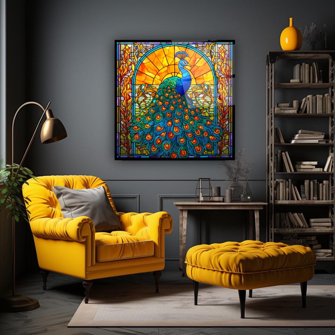 Elegant Peacock Stained Glass Art with Colorful Arch Wall Art